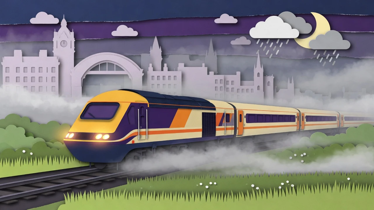 High Speed Train in city fog at night
