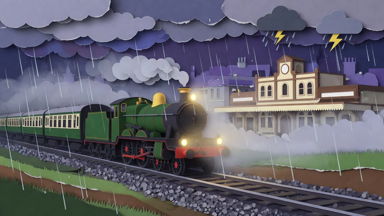 Steam locomotive in a city at night in the rain
